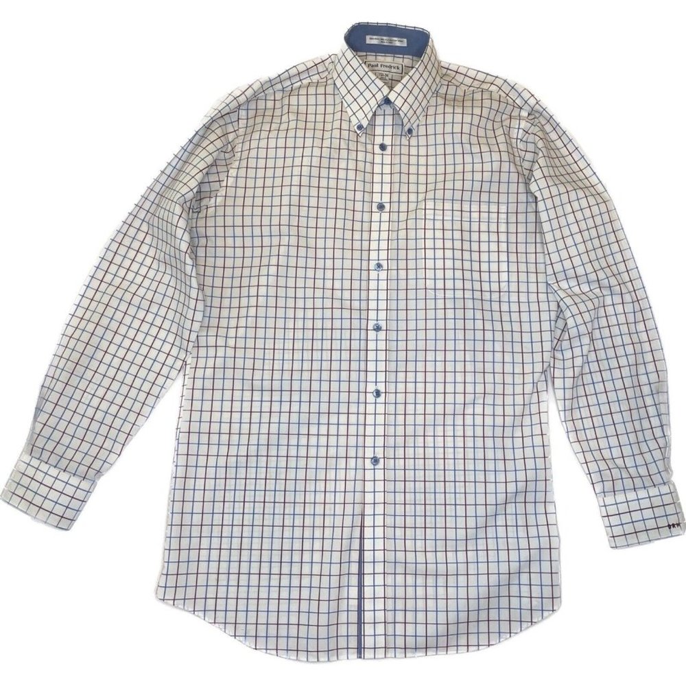 Paul Fredrick Dress Shirt Mens 15 1/2 -  34 trim fit Square Plaid White Blue